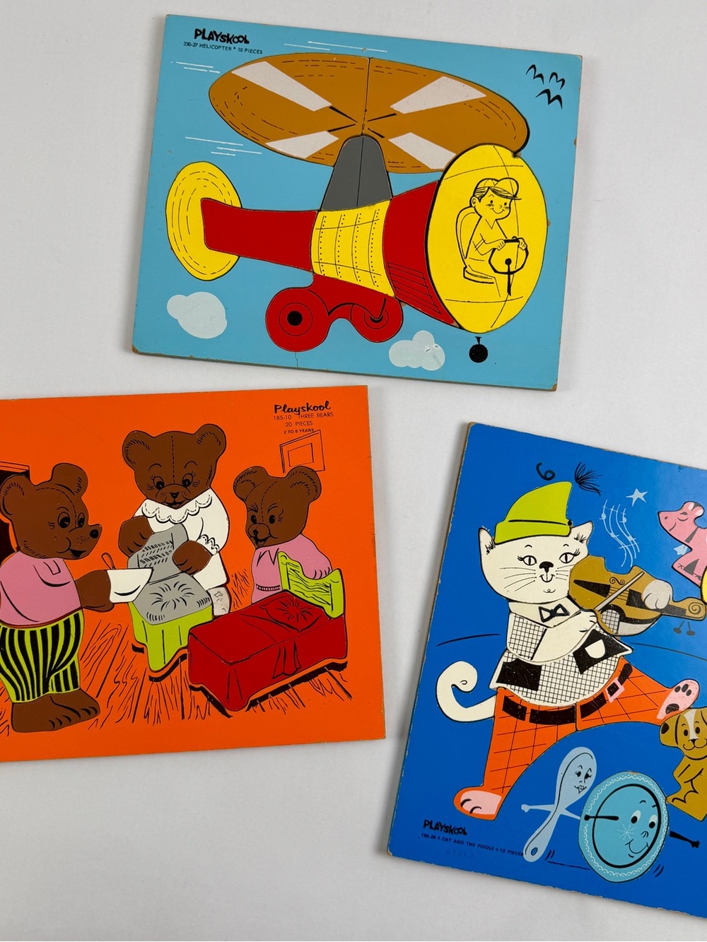 Vintage Playskool Lot of 3 Wood Puzzles USA Helicopter Bears Cat Board Retro Toy